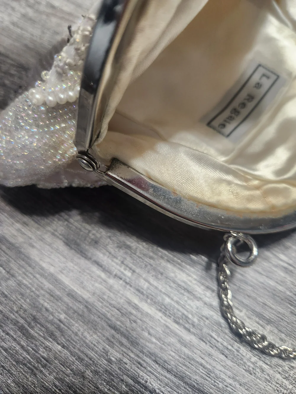 Vintage La Regale Purse White Beaded Evening Clutch, Chain Strap, Kiss Lock